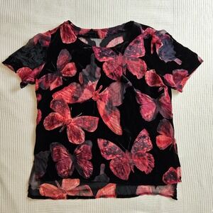 Whimsigoth Sheer Velvet Butterfly AOP Burnout Short Sleeve Top Black Women L